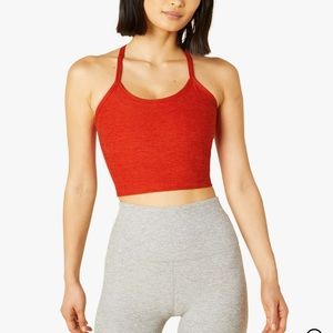 beyond yoga spacedye slim racerback cropped tank in red hot siren